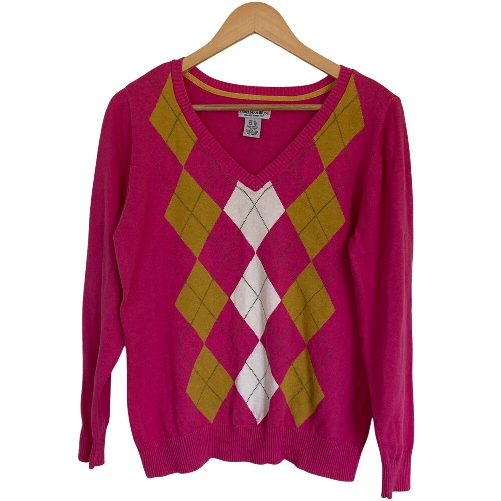 Carribean Joe‎ Womens V Neck Cotton Argyle Pink Sweater Size XL Preppy Classic